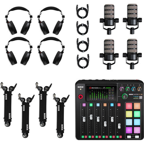 RODE RODECaster Pro II 4-Person Podcasting Kit with PodMics,Studio Boom Arms,Headphones,and Cables
