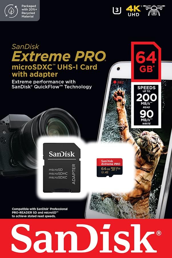SanDisk 64GB Extreme PRO UHS-I microSDXC Memory Card (U3,Class 10)